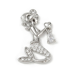 Платина Латунные микро проложить кубического циркония подвески, русалка, долговечный, без кадмия и без свинца, стойки покрытие, платина, 26.5x16.5x3 мм, отверстие : 1.2 мм