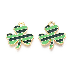 Зеленый лайм Подвески из сплава с эмалью ко Дню Святого Патрика, клевер амулеты, золотые, зеленый лайм, 19x17x1 мм, отверстие : 1.6 мм