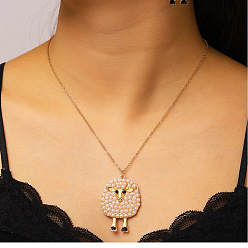 Golden Alloy Jet Rhinestone Cute Sheep Pendant Necklaces with White Imitation Pearl for Women, Golden, 18.90 inch(48cm)