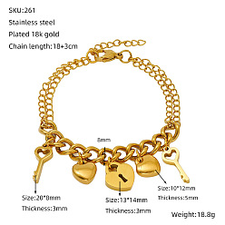 Lock День святого Валентина 304 браслеты из нержавеющей стали с подвесками, браслеты-цепочки для женщин, золотые, запирать, 7.09 дюйм (18 см)