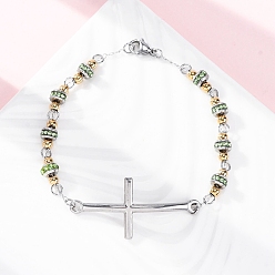 Перидот 201 из нержавеющей стали ссылку цепи браслеты, с 304 застежками из нержавеющей стали и стразами, крестик, ионное покрытие (ИП) 304, перидот, 8-1/2~8-3/4 дюйм (21.7~23.3 см)