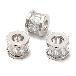 Платина Стойки обшивки латунь кубического циркония европейский шариков, бусины с большим отверстием, без кадмия и без свинца, долговечный, многоугольник, платина, 9x7 мм, отверстие : 4.5 мм