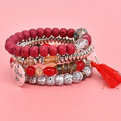 Красный Набор тянущихся браслетов в стиле бохо с натуральными бусинами «луна и звезда» синъюэ бодхи, сплав плоские круглые и кисточки подвески ювелирные изделия для женщин, красные, 2-3/8 дюйм (6 см)