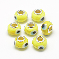Yellow Handmade Evil Eye Lampwork European Beads, with Brass Double Cores, Large Hole Beads, Rondelle, Platinum, Yellow, 14~15x10~11mm, Hole: 5mm