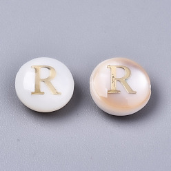 Letter R Natural Freshwater Shell Beads, with Golden Plated Brass Etched Metal Embellishments, Flat Round, Seashell Color, Letter.R, 8x3~5mm, Hole: 0.5~07mm