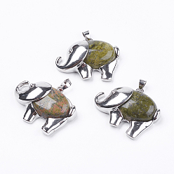 Унакит Природные подвески Unakite, с латунной фурнитурой платинового цвета, слон, 29x38x10 мм, отверстие : 5x3.5 мм
