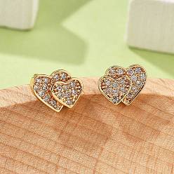 Сердце Женские серьги-гвоздики из латуни с микропаве и прозрачным кубическим цирконием, без кадмия и без свинца, долговечный, стойки покрытие, золотые, сердце, 6.5x7.5 мм