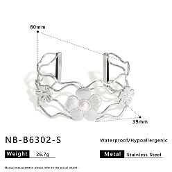 Нержавеющая Сталь Цвет Полые браслеты-манжеты из хирургической нержавеющей стали с имитацией жемчуга для женщин., цветок, цвет нержавеющей стали, внутренний диаметр: 316 дюйм (2.36 см)