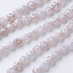 Белый Тибетского стиля бусы дзи, природный агат бисер нитей, окрашенная и подогревом, круглые, граненые, белые, 6 мм, отверстие : 1 мм, около 62 шт / нитка, 14.9 дюйм (38 см)