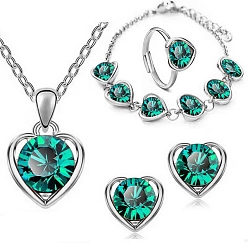 Verde Conjunto de joyas de corazón de cristal, Collar con colgante de aleación de platino, pulsera de cadena, aretes y anillo ajustable, verde, 450 mm, 11x12 mm, diámetro interior: 17 mm, 230 mm