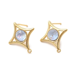 Светло-голубой Фурнитура для сережек-гвоздиков из латуни и стекла в форме звезды, без никеля , реальный 18 k позолоченный, светло-голубой, 19x17 мм, отверстие : 1.2 мм, штифты : 0.9 мм