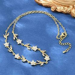Clear Brass Pave Cubic Zirconia Flower Link Chain Necklaces, Cadmium Free & Lead Free, Rack Plating, Long-Lasting Plated, Real 18K Gold Plated, Clear, 17.28 inch(43.9cm)