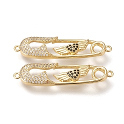 Real 18K Gold Plated Brass Micro Pave Cubic Zirconia Links Connectors, Safety Pin Shape with Flying Heart, Black & Clear, Real 18K Gold Plated, 39.5x10x3.5mm, Hole: 1.4mm