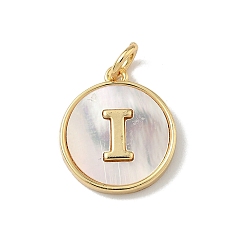 Letter I Латунный паве натуральный ракушка плоский круглый с буквенными подвесками, реальный 18 k позолоченный, долговечный, без свинца и без кадмия, стойки покрытие, цвет морской раковины, Буква "i", 15x13x2 мм, отверстие : 3 мм