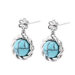 Платина Фурнитура для сережек-гвоздиков из латуни и синтетической бирюзы, с 925 иглой из стерлингового серебра, за половину пробурено бисера, платина, 20x12.5 мм, штифты : 0.8 мм