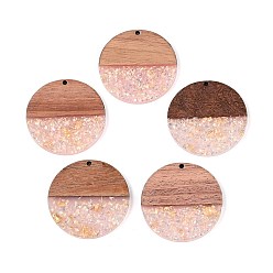 Розовый Подвески из непрозрачной смолы и орехового дерева, плоские круглые прелести, с блестящей пудрой и золотой фольгой, туманная роза, 38x3~4 мм, отверстие : 2 мм