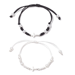 (52) Непрозрачная лаванда 2шт. браслеты из сплава с крестообразными звеньями, вощеные нейлоновые регулируемые браслеты для парной дружбы, с абс пластиковой имитации жемчужина круглые бусины, разноцветные, внутренний диаметр: 7/8~3-3/8 дюйм (2.1~8.5 см)