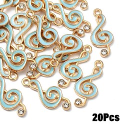 Небесно-голубой 20 шт. Подвески из сплава эмали, с кристально горный хрусталь, музыкальная нота, золотой свет, голубой, 22x10x2 мм, отверстие : 1.6 мм