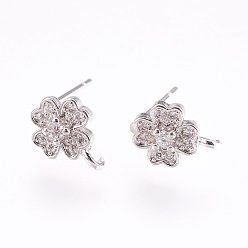Platinum Brass Micro Pave Cubic Zirconia Stud Earring Findings, with Loop, Lead Free & Cadmium Free, Clover, Clear, Platinum, 10x7.5x3mm, Hole: 1mm, Pin:0.6mm