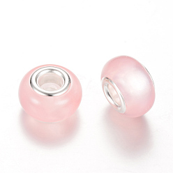 Темный Лосось Cmолы европейские шарики, имитации кошачьего глаза , бусины с большим отверстием, с латунными сердечниками с серебряным покрытием, рондель, темный лосось, 14x8~8.5 мм, отверстие : 5 мм