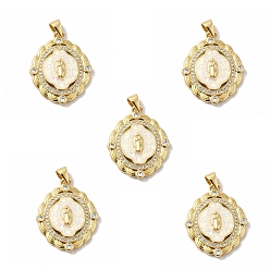 White Rack Plating Brass Micro Pave Cubic Zirconia with Synthetic Opal Pendants, with Jump Ring, Lead Free & Cadmium Free, Long-Lasting Plated, Oval with Saint, Real 18K Gold Plated, White, 26x21x4mm, Hole: 5x3.5mm