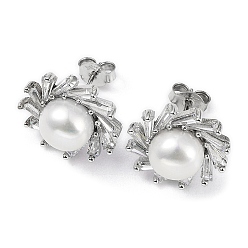 Platinum Anti-Tarnish Rhodium Plated 925 Sterling Silver Micro Pave Cubic Zirconia Sun Stud Earrings for Women, Natural Pearls Beaded Earrings, Platinum, 16~16.5mm