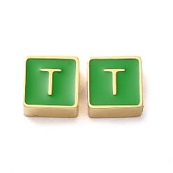 Letter T 304 aus Stahl-Email-Perlen, echt 14 k vergoldet, Quadrat mit Buchstaben, Buchstaben t, 8x8x4 mm, Bohrung: 2 mm