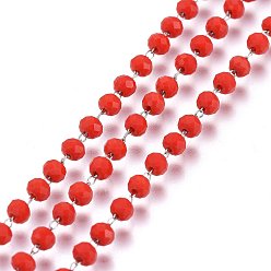 Красный Ручной цепи стекло бисером, пайки, с 304 фурнитурой из нержавеющей стали, граненые, рондель, цвет нержавеющей стали, красные, 3.5 мм, шарик: 3.5x3 мм