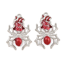 Platinum Rack Plating Alloy Enamel Pendants, Heart with Spider Charms, Cadmium Free & Nickel Free & Lead Free, Platinum, 31x21x6mm, Hole: 1.5mm