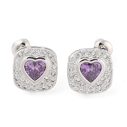 Purple Rack Plating Brass Micro Pave Cubic Zirconia Stud Earrings, Long-lasting Plated, Square with Heart, Purple, 13x13mm