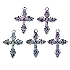 Rainbow Color Подвеска из сплава цвета радуги со стразами, без кадмия, без никеля и без свинца, крестик, подходит для 1.2 мм и 3 мм стразами, 50x34x2.5 мм, отверстие : 4 мм