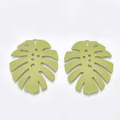Желто-Зеленый Распыленные окрашенные железные подвески, подвески из тропических листьев, лист монстры, желто-зеленый, 36x31.5x1 мм, отверстие : 1.5 мм