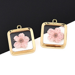 Pink 304 подвески из нержавеющей стали с эпоксидной смолой, квадрат с сухоцветом, ионное покрытие (ip), реальный 18 k позолоченный, розовые, 17x15x3.5 мм, отверстие : 1.6 мм