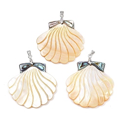 Мокасин Подвески из натуральной ракушки пауа и желтой ракушки, подвески в форме ракушек с латунными дужками, платина, стойки покрытие, мокасин, 40.5x40.5~42.5x4~4.5 мм, отверстие : 4.5x4 мм