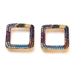 Colorful Brass Micro Pave Cubic Zirconia Spring Gate Rings, Square, Golden, Colorful, 20.5x20.5x3.5mm, Inner diameter: 13.5x12.5mm
