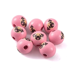 Pink Wood European Beads, Round with Dog Pattern, Pink, 16x15mm, Hole: 4.5mm