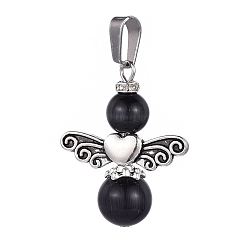 Черный Подвески кошачий глаз, с борта сплава тибетском стиле, латунные бусины со стразами и 304 нержавеющая сталь, ангел, чёрные, 30 мм, отверстие : 8x3~3.5 мм