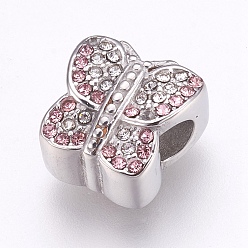Розовый 304 из нержавеющей стали европейские шарики, бусины с большим отверстием, со стразами, бабочка, светло-розовый, 12x12x8 мм, отверстие : 4 мм