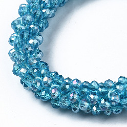 Sky Blue Faceted Transparent Glass Beads Stretch Bracelets, Rainbow Plated, Rondelle, Sky Blue, Inner Diameter: 2 inch(5cm)