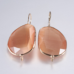 Orange Cat Eye Earring Hooks, with Brass Findings and Horizontal Loop, Lead Free & Cadmium Free, Oval, Light Gold, Orange, 45~47x21~25x4mm, Hole: 2mm, 20 Gauge, Pin: 0.8mm
