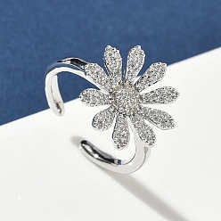 Платина Открытые кольца манжеты из латуни с микропаве и кубическим цирконием, цветок, долговечный, стойки покрытие, без свинца и без кадмия, платина, 16x16 мм