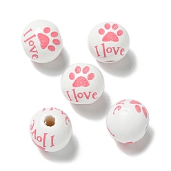 Light Coral Printed Wood European Beads, Round with Word Pattern, Light Coral, 15.5~16mm, Hole: 4~4.5mm