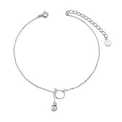 Platinum 925 Sterling Silver Kitten Charm Anklet, Cat Head and Small Bell, Platinum, 7-7/8 inch(20cm)