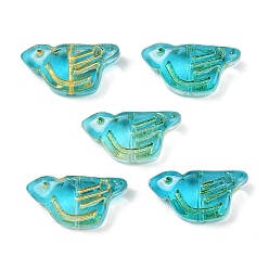 Темно-бирюзовый Гальванопокрытие и стеклянные бусины с золотым металлическим плетением, птица, темные бирюзовый, 10x19.5x7 мм, отверстие : 1 мм
