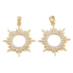 Солнце Латунные микропаве прозрачные подвески с фианитом, золотые, солнце, 25.5x23x2.5 мм, отверстие : 5x2 мм