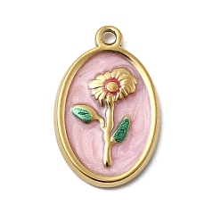 Настоящее золото 18K 304 прелести нержавеющей стали, овал с цветочными подвесками, с эмалью и стразами, ионное покрытие (ip), реальный 18 k позолоченный, 17.5x11.5x2 мм, отверстие : 1.2 мм