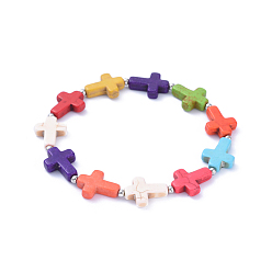 Разноцветный Стрейч браслеты, с крестообразными бусинами синтетической бирюзы (окрашенными) и круглыми бусинами из нержавеющей стали., красочный, внутренний диаметр: 304 дюйм (2-3/8 см)