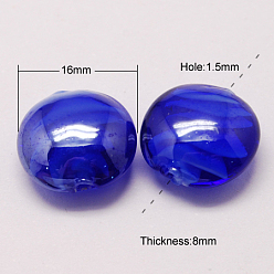 Medium Blue Handmade Lampwork Beads, Pearlized, Flat Round, Medium Blue, 16x8mm