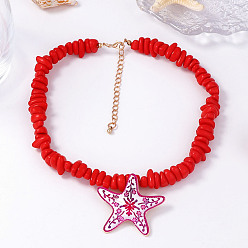 Камелия Кулон в виде морской звезды из полимерной глины, ожерелье из красных смоляных бусин с цепочками из сплава., золотые, камелия, 14.57 дюйм (37 см)