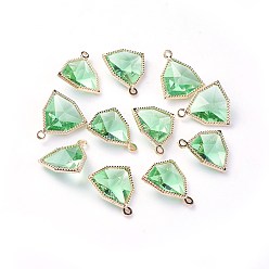 Светло-зеленый Стеклянные подвески, с фурнитурой Berzel с открытой спиной из экологически чистого сплава, граненые, треугольные, золотой свет, светло-зеленый, 17x14.5x7 мм, отверстие : 1.2 мм